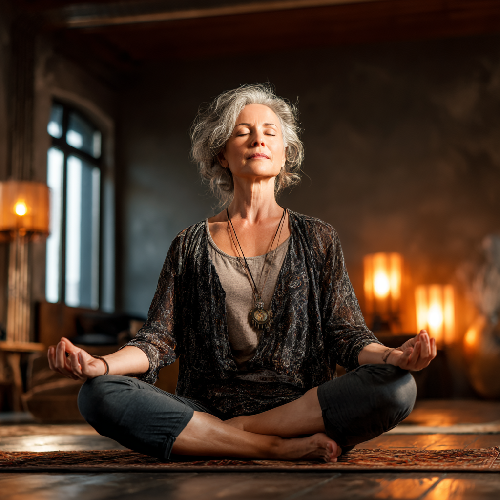 Жінка 55 років у позі лотоса медитує в затишній студії з м'яким освітленням, демонструючи спокій та гармонію йоги