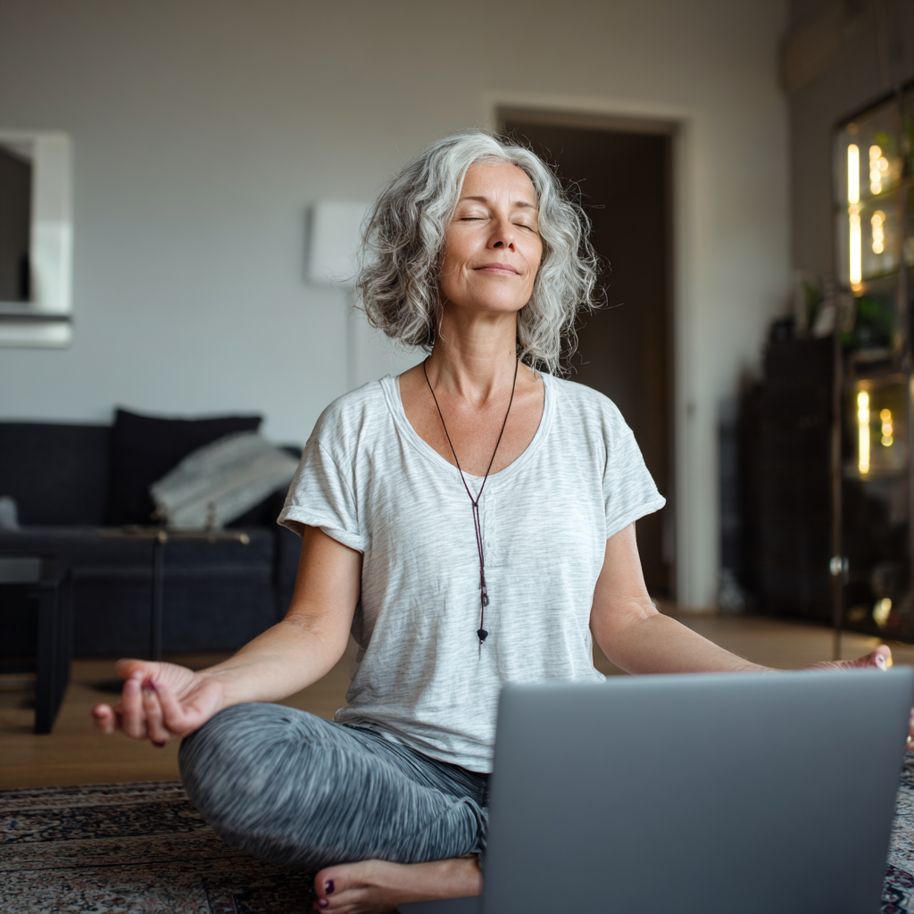 Жінка 55 років займається йогою вдома перед комп'ютером, використовуючи онлайн-платформу, демонструючи зручність домашньої практики