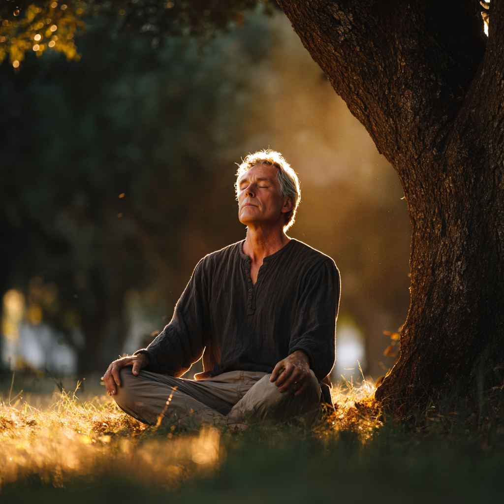 Чоловік близько 60 років в позі медитації на природі під деревом, відображаючи гармонію з природою та внутрішній спокій